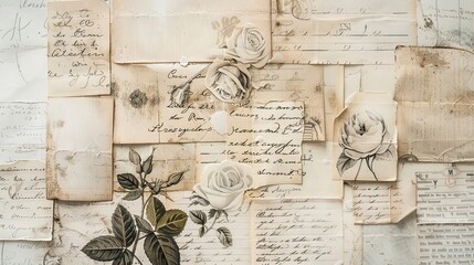 Sepia-toned love letters and delicate floral designs arranged on a vintage wallpaper backdrop