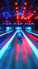 A bowling ball is rolling down a lane in a bowling alley
