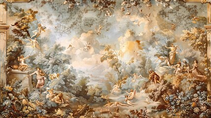Sumptuous Baroque mural with mythological scenes in muted earth tones and gold highlights