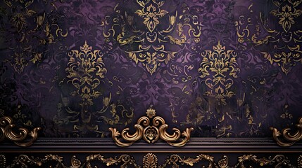 Obraz premium Baroque wallpaper with a dramatic palette of purples blacks and gold filigree for opulence