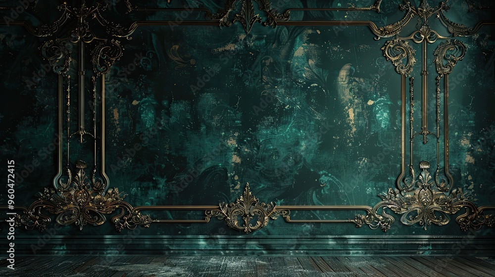 Wall mural Dramatic Baroque backdrop with dark greens and gold scrollwork detailed floral motifs