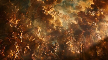 Moody Baroque mural with mythological scenes in deep tones and gold highlights dramatic atmosphere