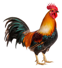 Fototapeta premium Vibrant rooster posing against a white background, cut out - stock png.