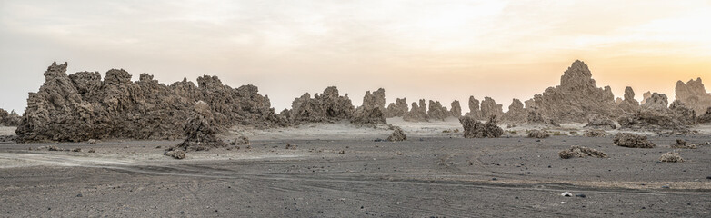 Panoramic of desert landscape in Djibouti, Lake Abbe Area