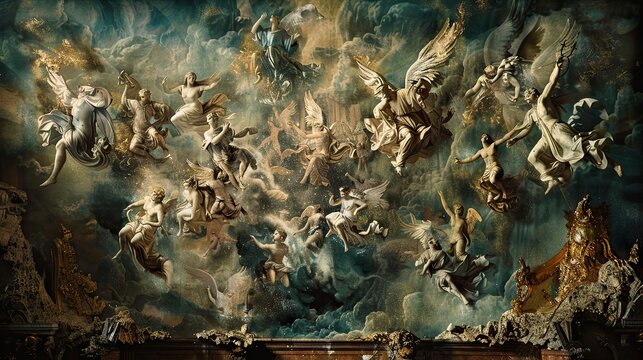 Baroque backdrop with deep moody tones and gold highlights featuring mythological scenes