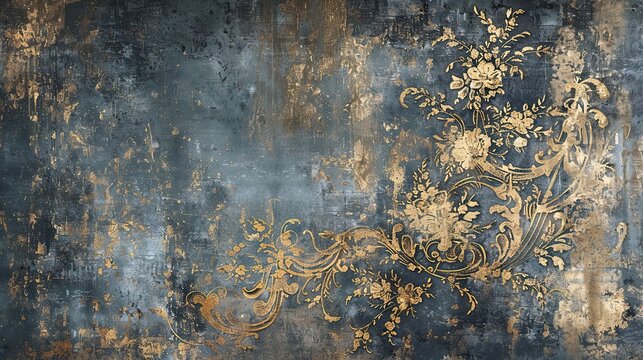 Royal court mural in rich blues and golds with a distressed texture on a Baroque backdrop