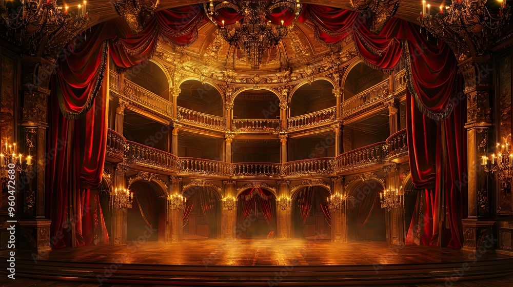 Wall mural Grand Baroque mural of a classical theater with ornate balconies and chandeliers in rich reds and golds for a dramatic effect