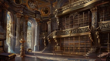 Obraz premium Classical library mural with ornate shelves and gold accents on a Baroque background evoking a scholarly feel