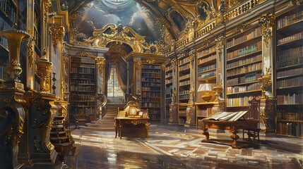 Baroque mural featuring classical library shelves with gold accents creating a grand and scholarly look