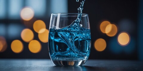 A blue liquid in a glass shaped like a curve.