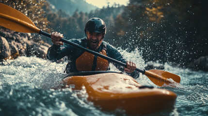 A kayaker rafting struggling with water splashes in boat in rapid river in mountain