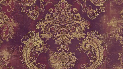 Rich burgundy and gold Baroque wallpaper with brocade patterns of paisley and florals distressed for an antique style