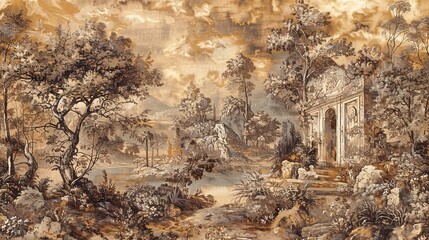 Baroque tapestry wallpaper depicting pastoral scenes in rich earth tones with subtle gold accents for a rustic charm