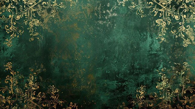 Baroque wallpaper in deep forest green and gold with intricate damask and acanthus leaf patterns dramatic and elegant
