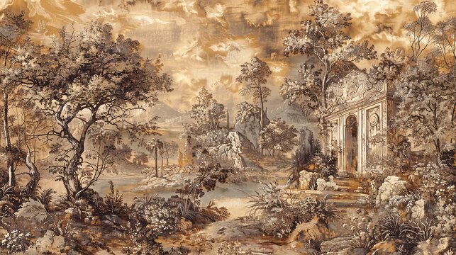 Baroque tapestry wallpaper depicting pastoral scenes in rich earth tones with subtle gold accents for a rustic charm