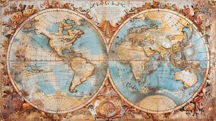 Antique map design on a Baroque backdrop featuring faded ink and gold details for an elegant and historically inspired feel