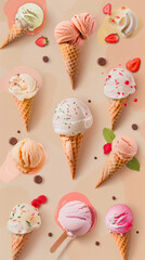 Assorted Ice Cream Cones with Colorful Toppings