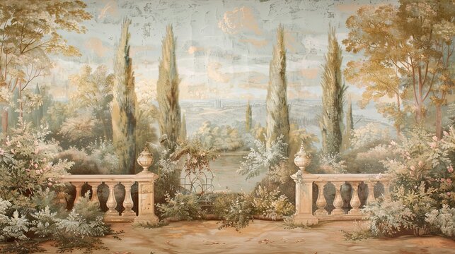 Baroque garden mural in muted pastels with gold highlights featuring a serene classical scene for an elegant tranquil feel