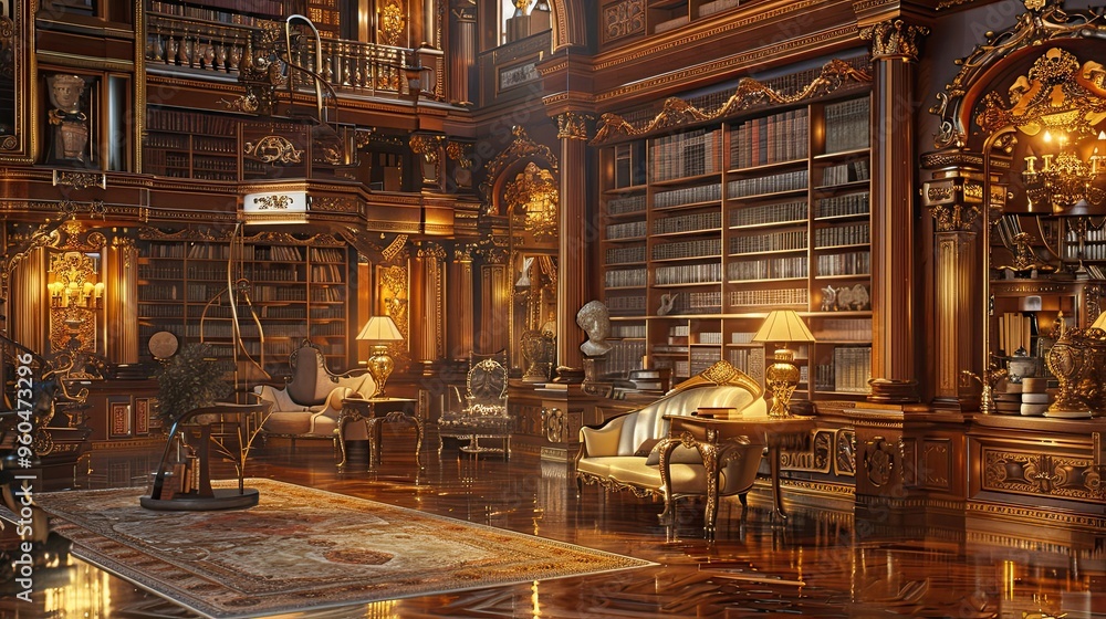 Poster Wallpaper of a grand library mural with rich wood tones and golden accents