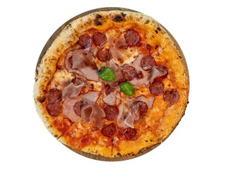 Savory Italian Pizza with Prosciutto and Pepperoni on Wooden Board