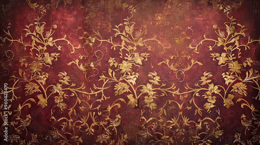 Sticker Rich burgundy and gold Baroque brocade backdrop with floral and vine patterns