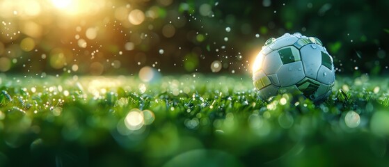 Fototapeta premium Golden Hour Glory on the Football Field: Soccer Ball in Sunlit Corner with Vibrant Green Grass