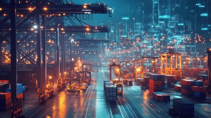 Fototapeta premium Vibrant Nighttime Cityscape of a Bustling Cargo Shipping Port