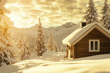 Naklejka premium Norwegian coastal village at sunset with colorful houses during a peaceful holiday evening