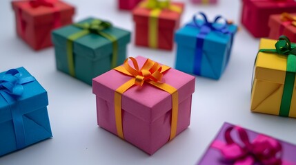 Obraz premium Colorful Christmas gift boxes collection, Christmas tape rope, on a white background, banner for website.