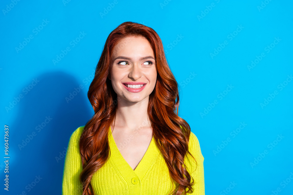 Canvas Prints photo of pretty nice girl with ginger wavy hairstyle dressed yellow knit cardigan look empty space i