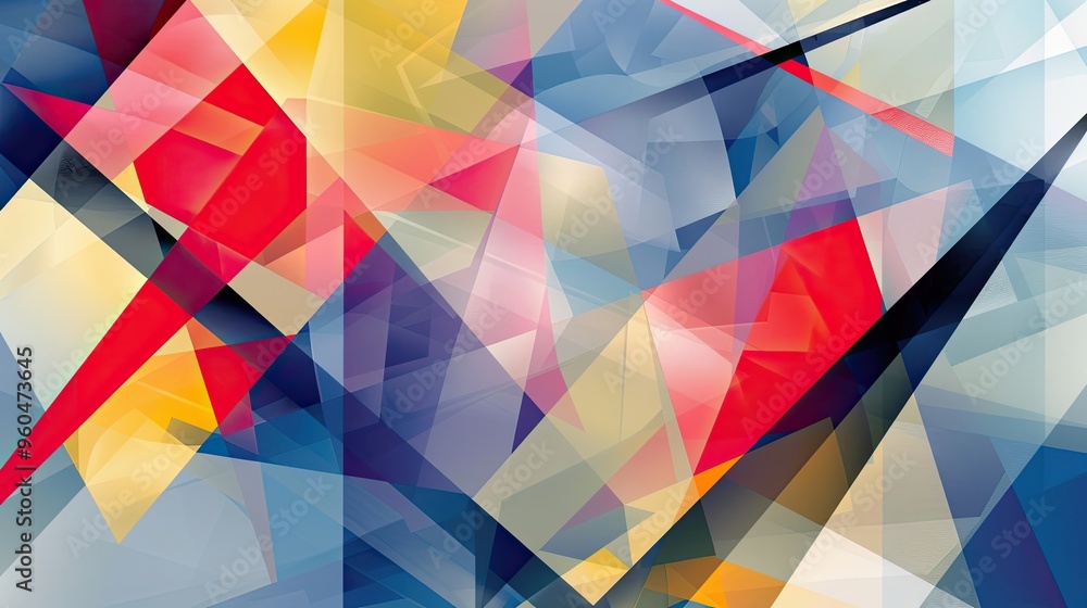 Sticker bold primary colors and angular shapes on a layered cubist wallpaper intricate backdrop
