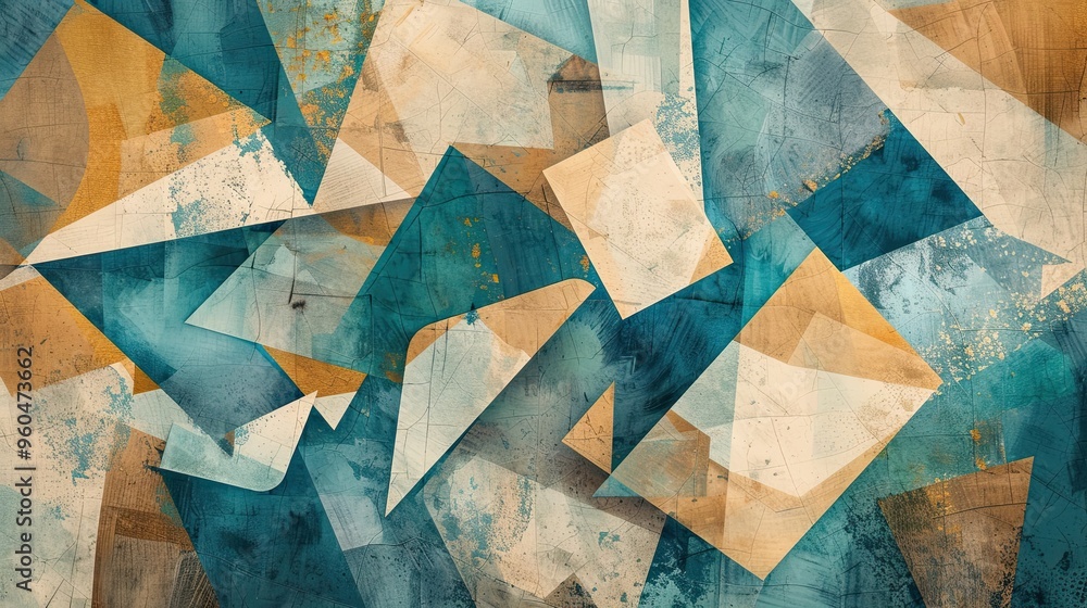 Sticker cubist background with geometric shapes in teal gold and beige textured and dynamic