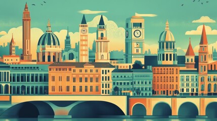 Retro European Road Trip Poster: Iconic Landmarks & Bold Typography