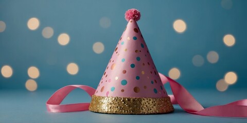 A pink party hat with gold polka dots sits on a blue background.