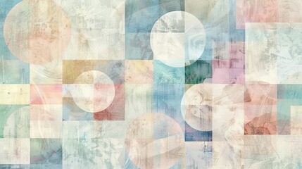 Worn abstract Cubist wallpaper with pastel squares and circles featuring soft gradients