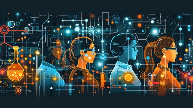 Women and girls from different races and ethnicities working in computer science, data and laboratory. Breaking science bias concept illustration