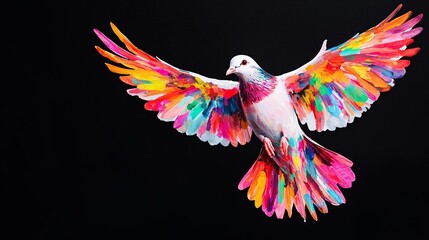 Obraz premium Vibrant dove in flight, bursting with colorful paint splashes against a deep black canvas, symbolizing freedom and creativity