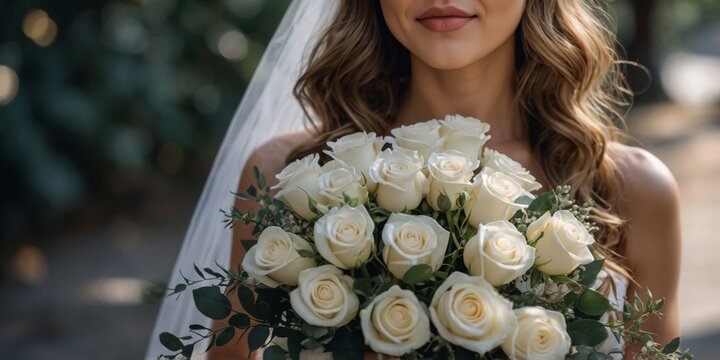 A bride with a wedding bouquet of white roses.