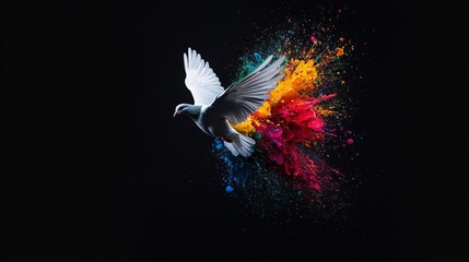 Fototapeta premium Colorful dove in mid-flight, surrounded by a burst of paint splatters on a black background, symbolizing hope and vitality