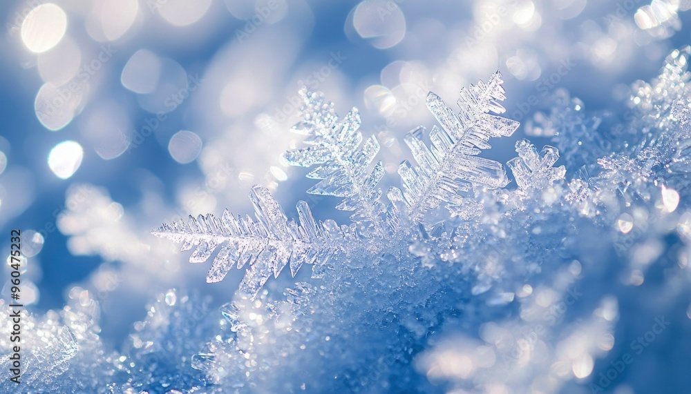 Poster a macro view of a delicate snowflake with a blue background