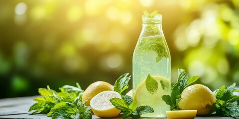 Fototapeta premium Lemonade in glass bottle with lemons and mint leaves.