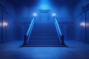 Grand staircase in a mystical blue-lit mansion with dramatic lighting and shadows