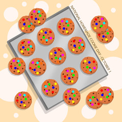 National Homemade Cookie Day event food banner. Cookies with colorful chocolate topping that have just been cooked with a baking sheet on cream background to celebrate on October 1st