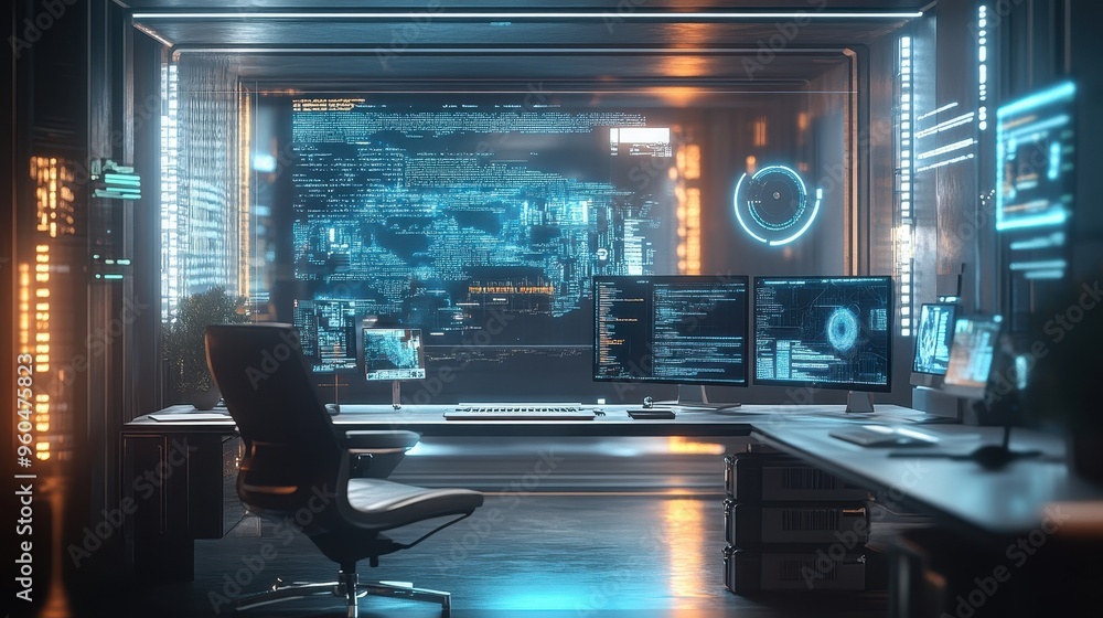 Poster futuristic cyberpunk workstation with glowing displays and data visualizations