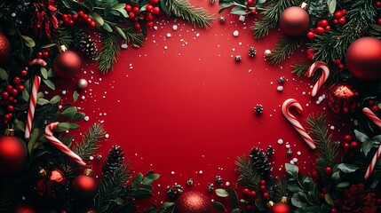 Festive Red Christmas Background with Ornaments, Candy Canes, and Evergreen Branches