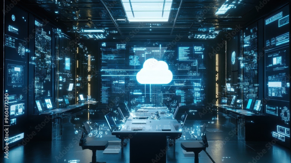 Poster futuristic data center with cloud computing and technology