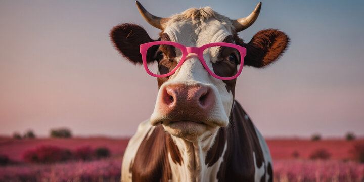 cow wears red glasses with pink background.