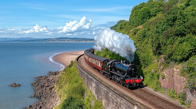 A majestic black and red steam train travels along a scenic coastal track near Torquay, creating a picturesque moment of history - Powered by Adobe