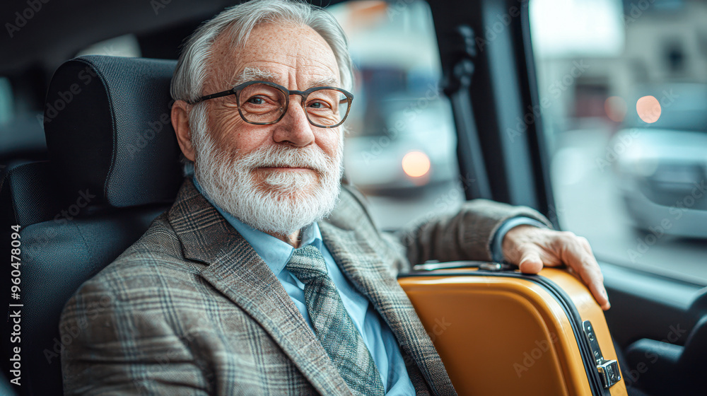 Poster a man in a suit and glasses is sitting in a car with a suitcase