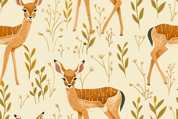 This vibrant illustration features a seamless pattern of deers and grass in a whimsical style, making it perfect for both home decor and fashion design.